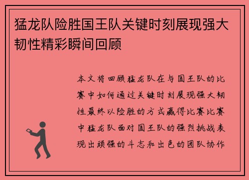 猛龙队险胜国王队关键时刻展现强大韧性精彩瞬间回顾
