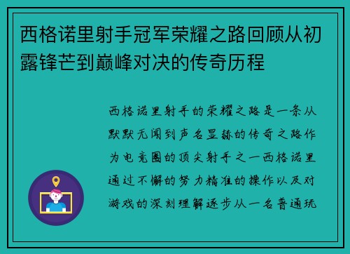 西格诺里射手冠军荣耀之路回顾从初露锋芒到巅峰对决的传奇历程