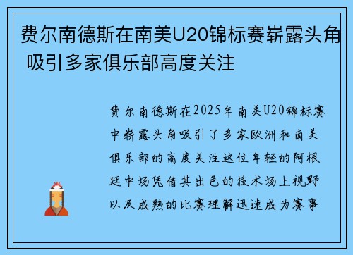 费尔南德斯在南美U20锦标赛崭露头角 吸引多家俱乐部高度关注