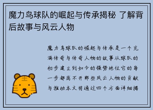 魔力鸟球队的崛起与传承揭秘 了解背后故事与风云人物 魔力鸟球队的崛起与传承揭秘 了解背后故事与风云人物