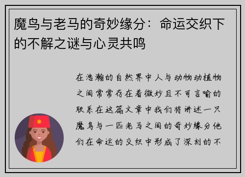 魔鸟与老马的奇妙缘分:命运交织下的不解之谜与心灵共鸣 魔鸟与老马的奇妙缘分:命运交织下的不解之谜与心灵共鸣
